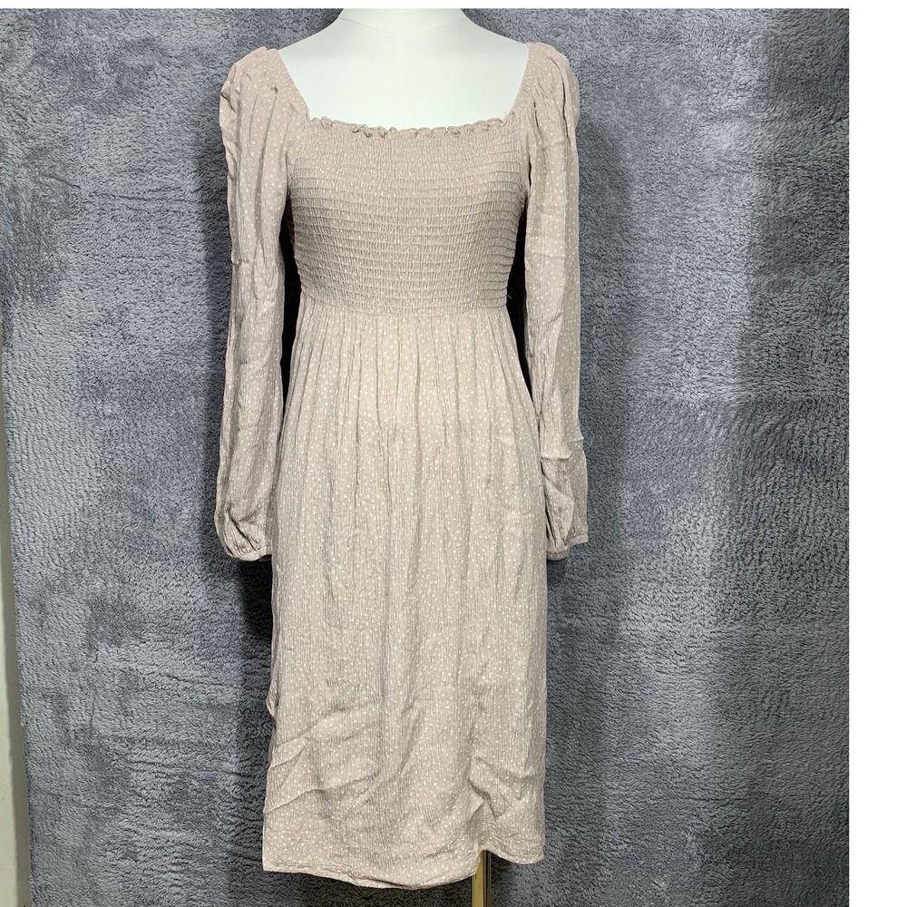 NLT Smocked Midi Dress WomensMedium Tan Polka Dot Square Neck Long Sleeve ND7263